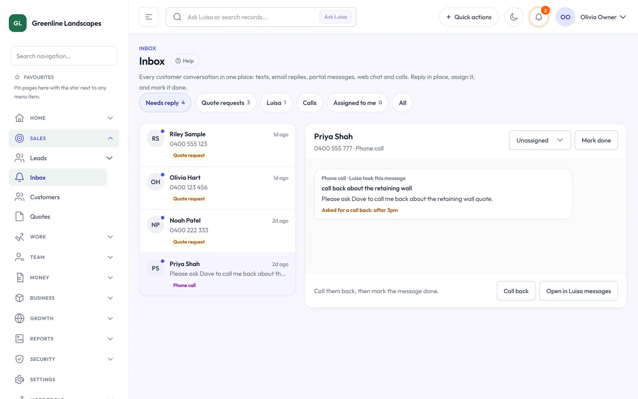 ScapeOne inbox showing enquiries Luisa captured from web chat and phone calls, one with an instant quote ready to approve