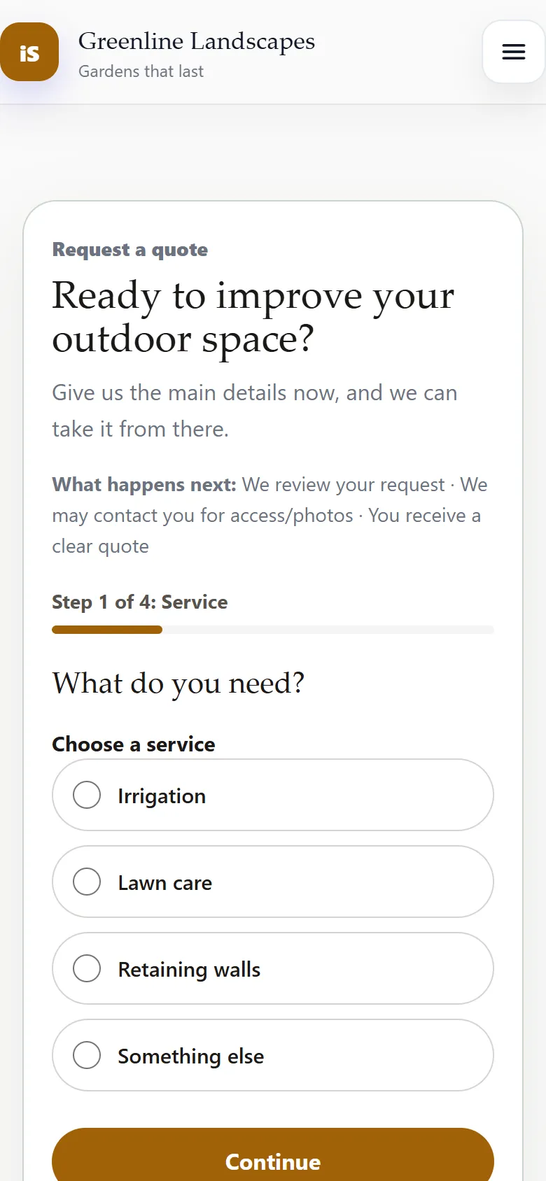 Smart quote form on a phone asking which service the customer needs