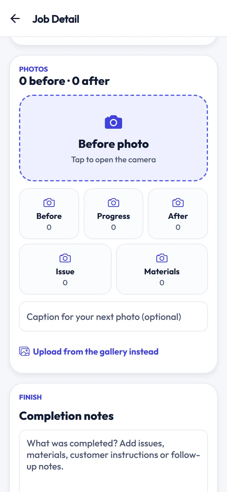 Job photos with a guided before photo and before, progress, after, issue and materials categories
