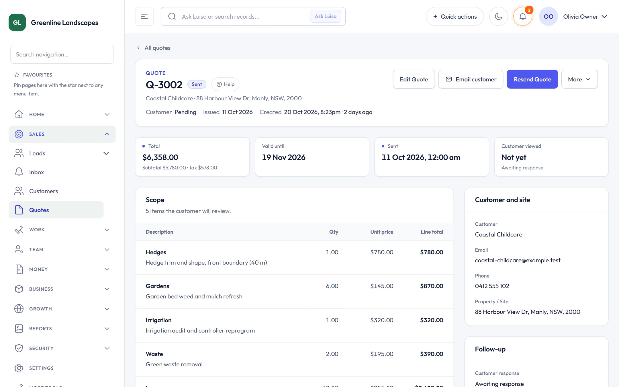 ScapeOne quote workspace with line items, totals, customer and site details