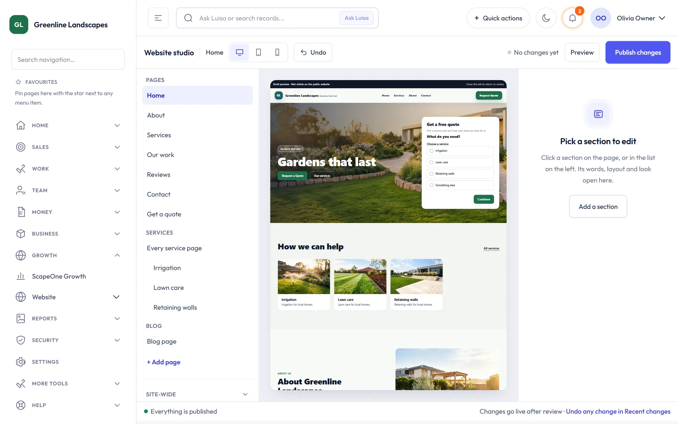 Website studio editing the homepage of a landscaping business